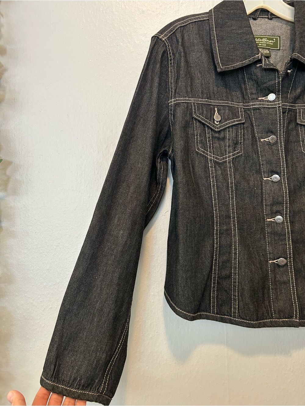 Eddie Bauer Black Denim Jacket with White Stitching - Picture 6 of 11